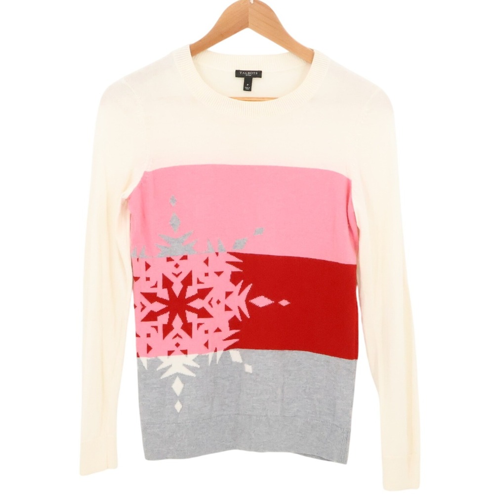 Talbots Petites‎ Snowflake Sweater Striped Pink Red Gray Lightweight Size P